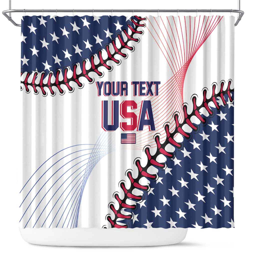 Baseball-themed shower curtain in blue and white with stars and red USA text
