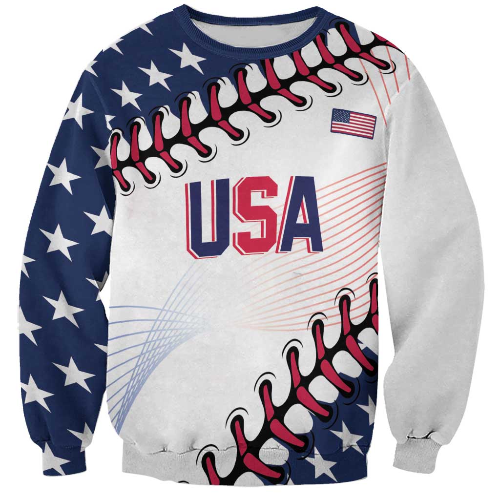 Unisex USA graphic sweatshirt, light fabric with navy star sleeves and red/blue print