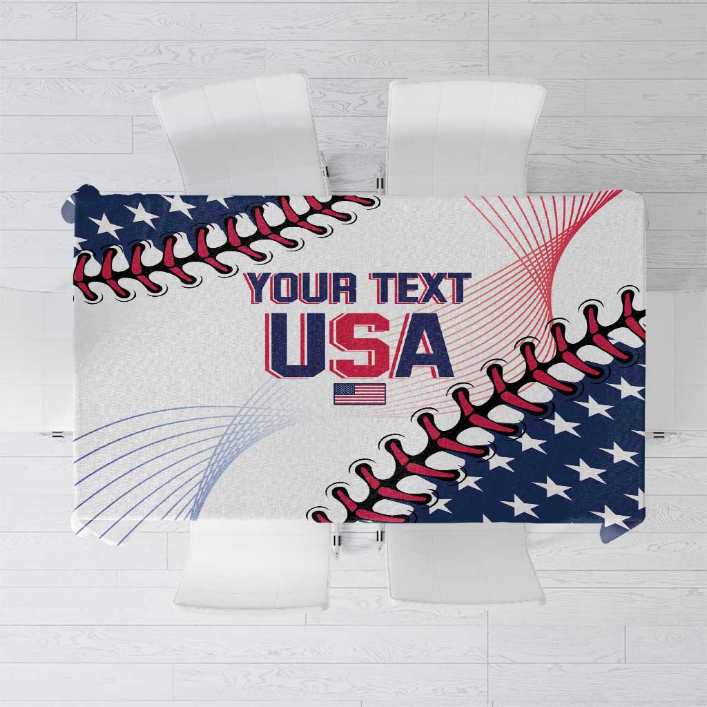 Baseball-themed tablecloth, navy blue with white stars and red-and-white accents