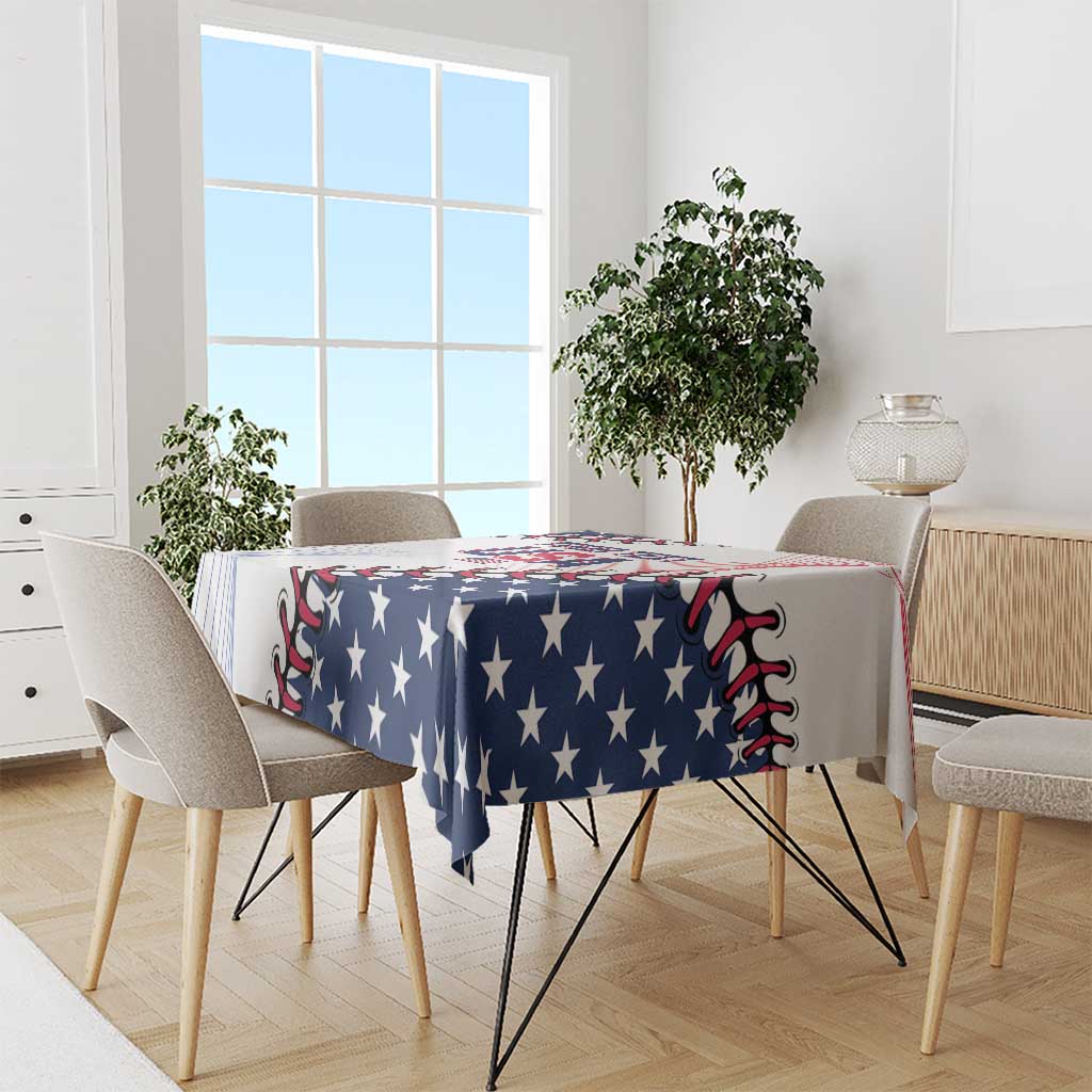 Baseball-themed tablecloth covering a dining table with navy stars and red-white trim