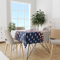 Baseball-themed tablecloth covering a dining table with navy stars and red-white trim