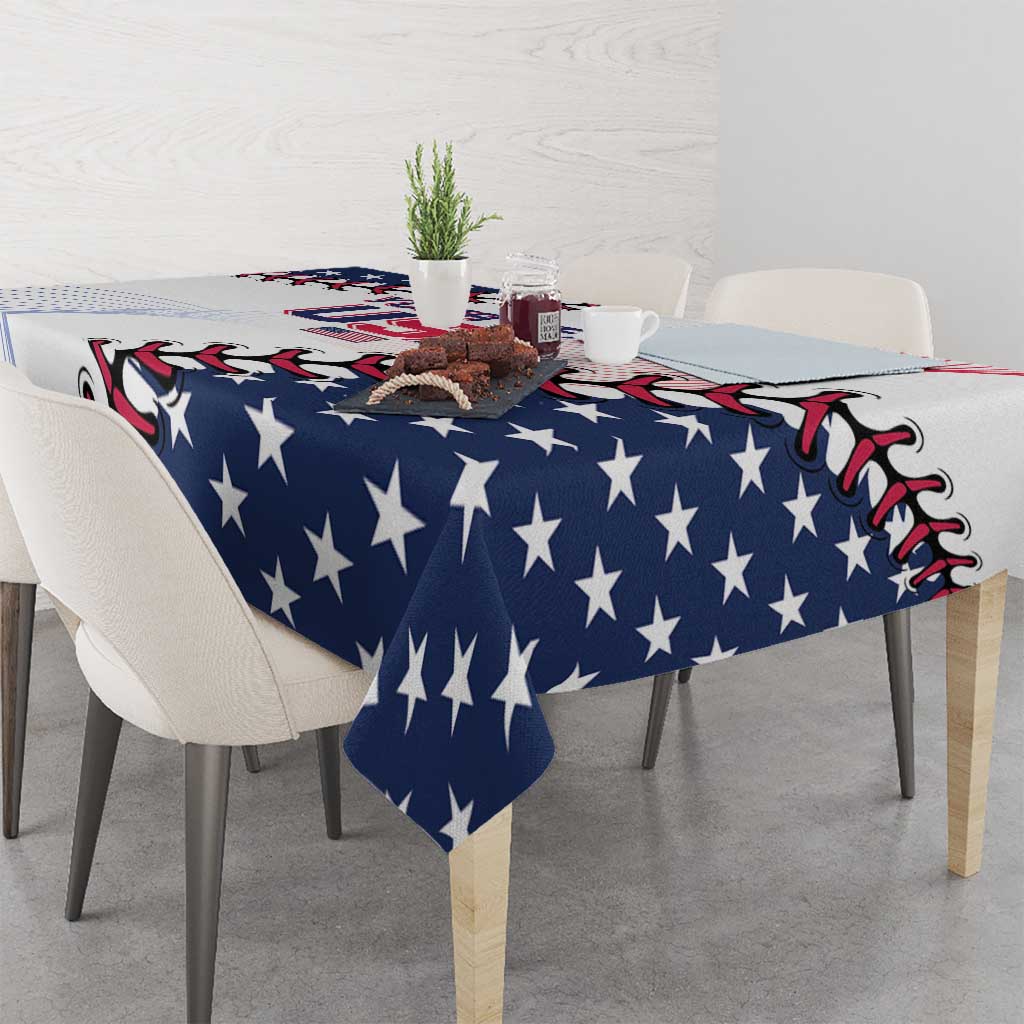 Baseball tablecloth with navy blue star pattern over a dining table setting