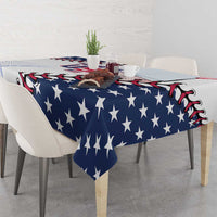 Baseball tablecloth with navy blue star pattern over a dining table setting