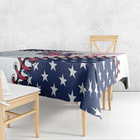 Baseball tablecloth with navy stars pattern, draped on a square wooden table
