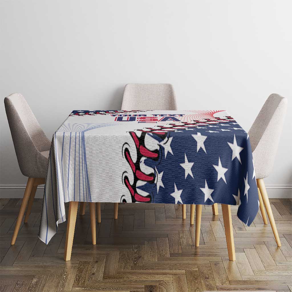 Baseball-themed tablecloth with navy stars and red-white graphic detailing on dining table
