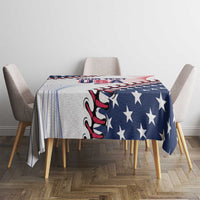 Baseball-themed tablecloth with navy stars and red-white graphic detailing on dining table