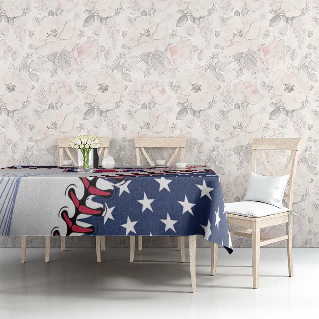 Baseball tablecloth with navy blue stars pattern over a long table with chairs