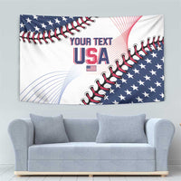 Baseball USA tapestry with 'YOUR TEXT' and 'USA' text, stars, and baseball stitch pattern
