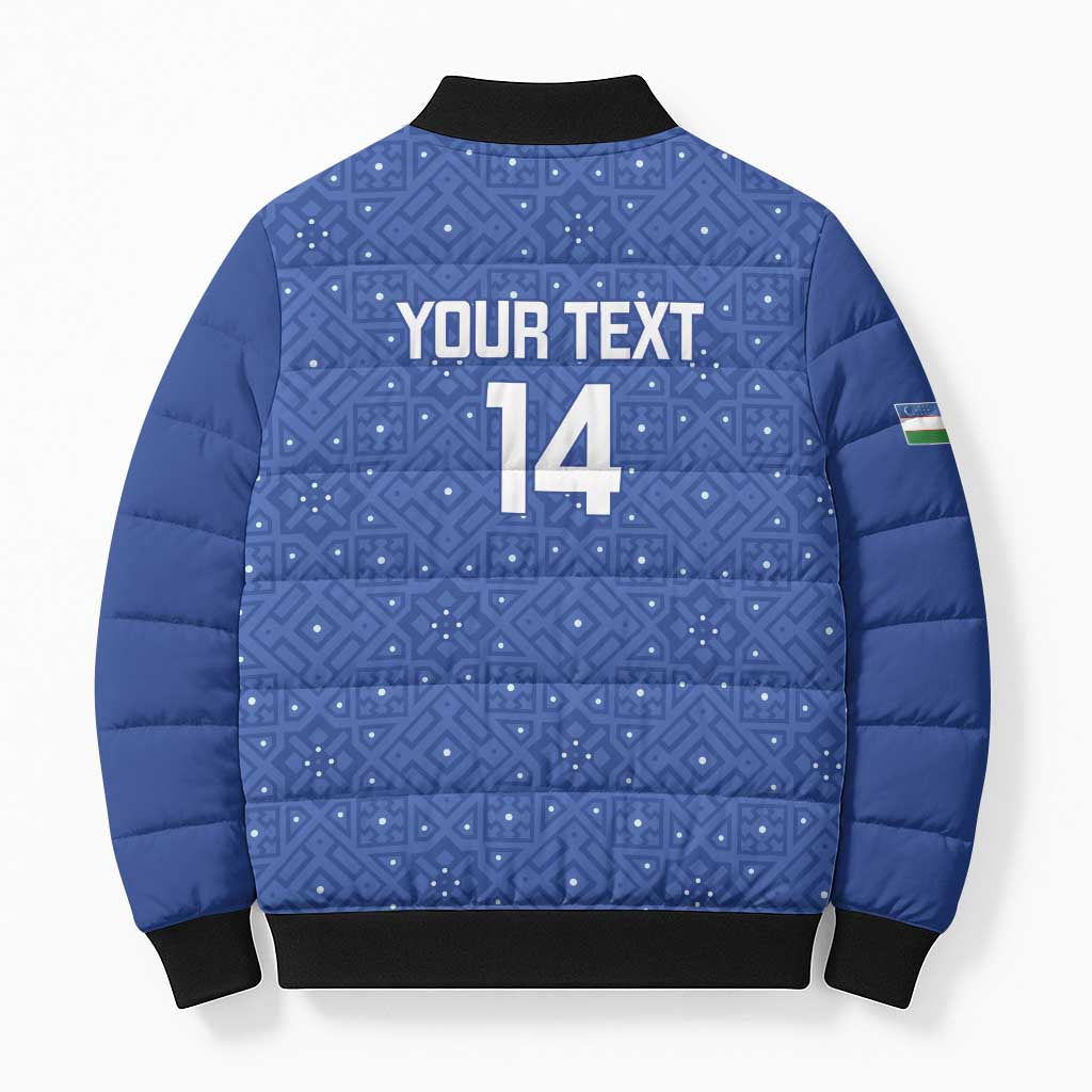 Uzbekistan Football Custom Bomber Puffer Jacket Come On White Wolves Blue - Wonder Print Shop