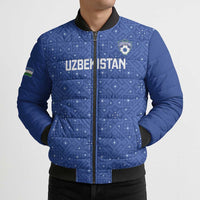 Uzbekistan Football Custom Bomber Puffer Jacket Come On White Wolves Blue - Wonder Print Shop