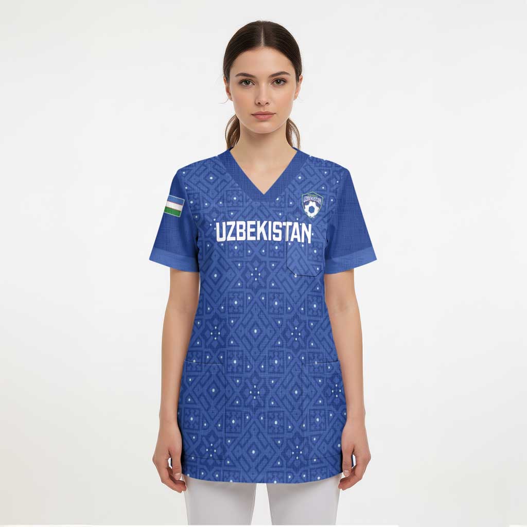 Uzbekistan Football Custom Scrub Top Come On White Wolves Blue - Wonder Print Shop