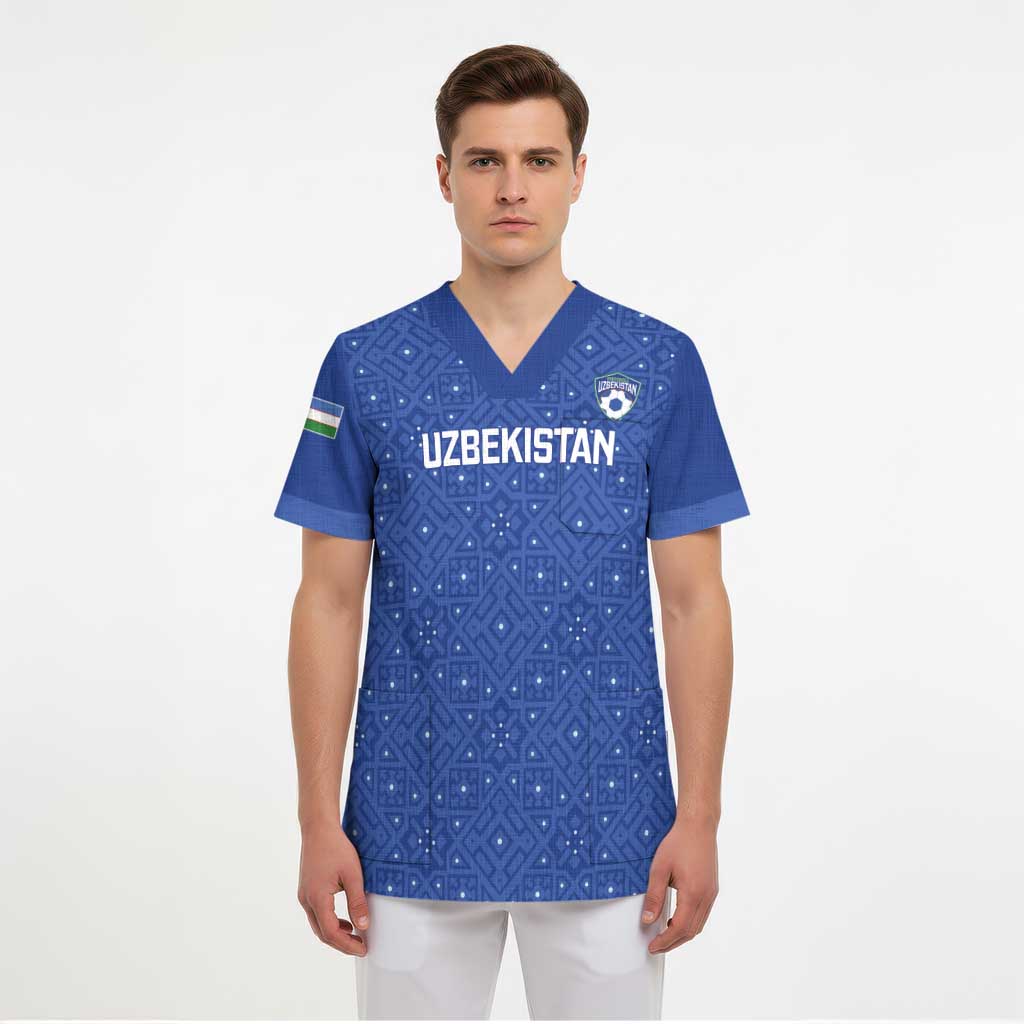 Uzbekistan Football Custom Scrub Top Come On White Wolves Blue - Wonder Print Shop