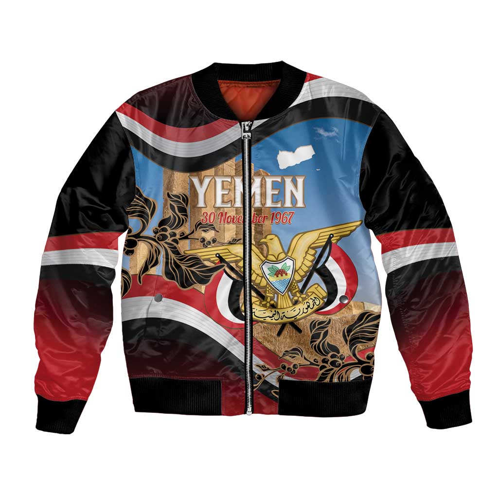 Personalised Yemen Independence Day Bomber Jacket Awwam Temple With Coat Of Arms Proud - Wonder Print Shop