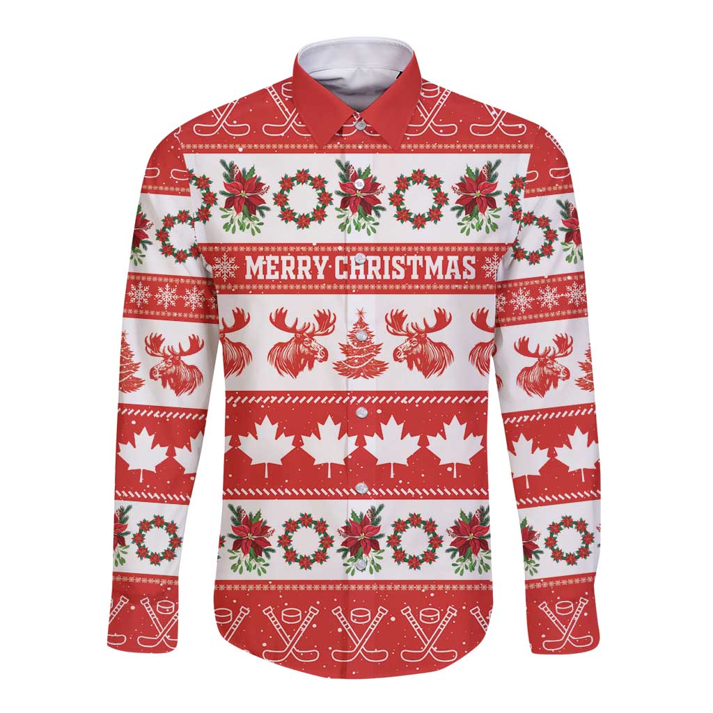 Personalised Canada Christmas Long Sleeve Button Shirt Canadian Moose Maple Leaf Seamless Style - Wonder Print Shop