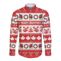 Personalised Canada Christmas Long Sleeve Button Shirt Canadian Moose Maple Leaf Seamless Style - Wonder Print Shop