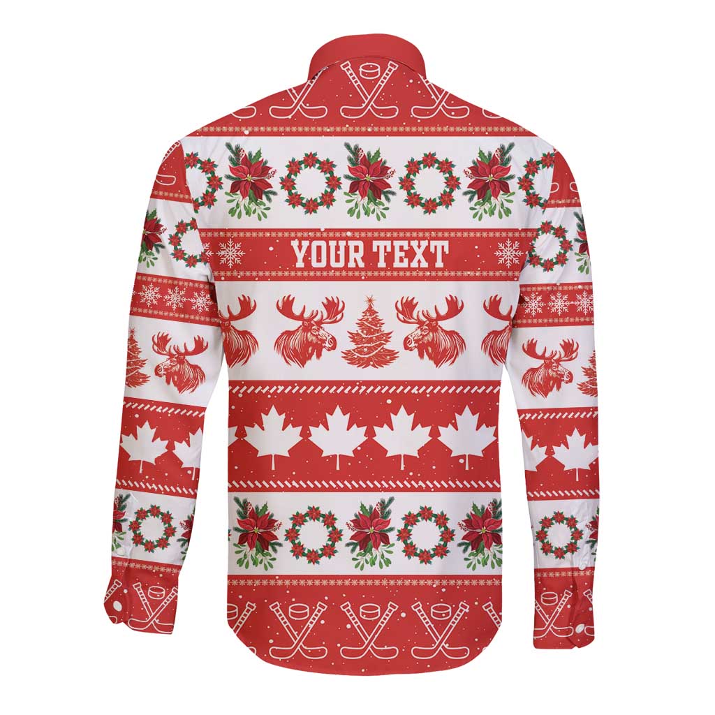 Personalised Canada Christmas Long Sleeve Button Shirt Canadian Moose Maple Leaf Seamless Style - Wonder Print Shop