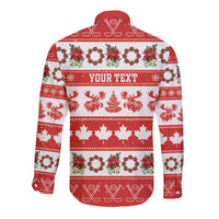 Personalised Canada Christmas Long Sleeve Button Shirt Canadian Moose Maple Leaf Seamless Style - Wonder Print Shop