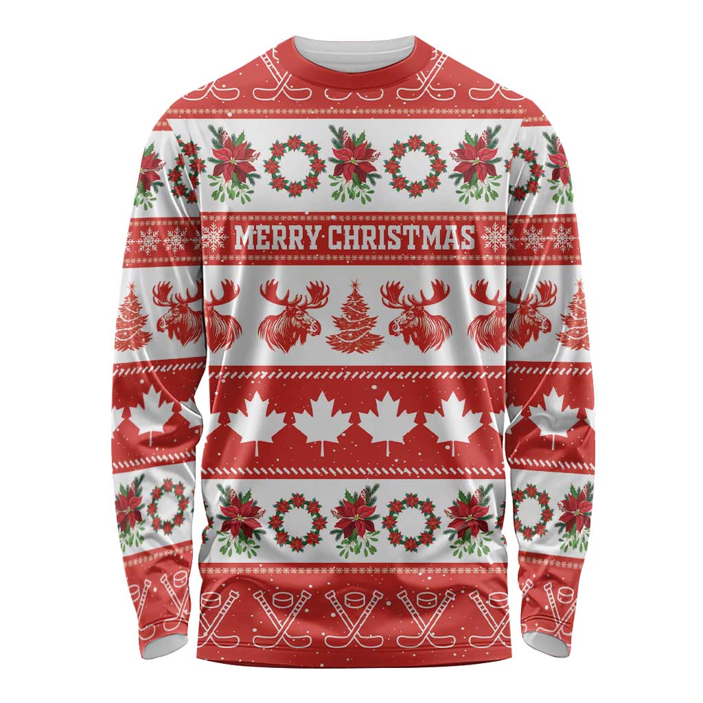 Personalised Canada Christmas Long Sleeve Shirt Canadian Moose Maple Leaf Seamless Style - Wonder Print Shop