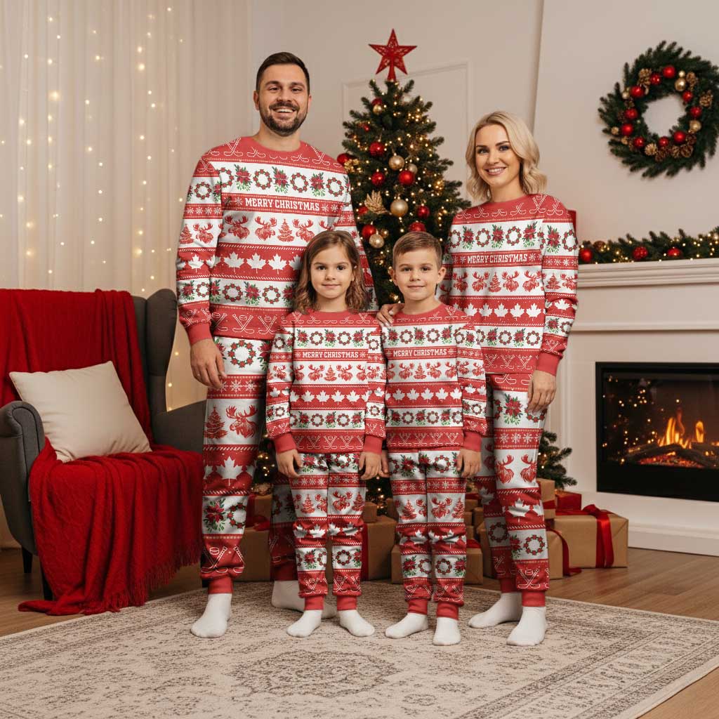 Personalised Canada Christmas Pajama Set Canadian Moose Maple Leaf Seamless Style - Wonder Print Shop