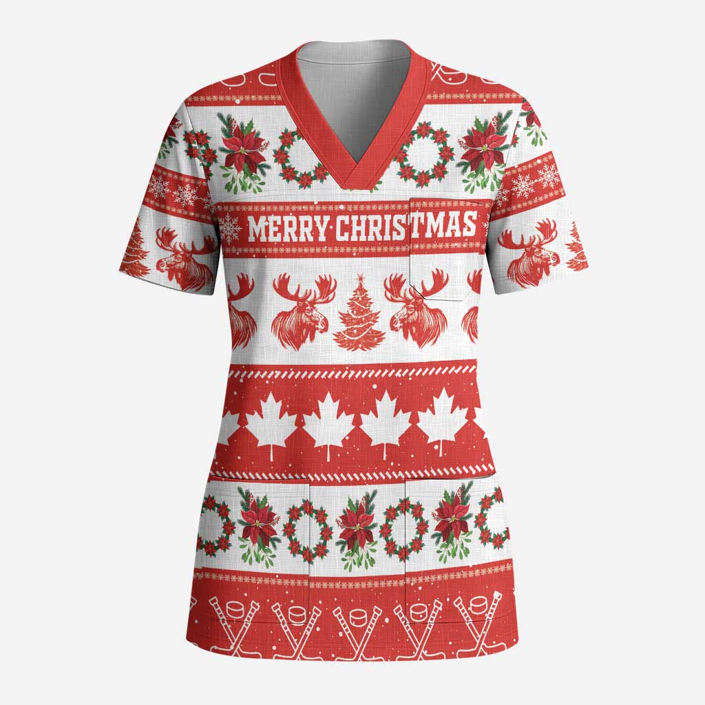 Personalised Canada Christmas Scrub Top Canadian Moose Maple Leaf Seamless Style - Wonder Print Shop