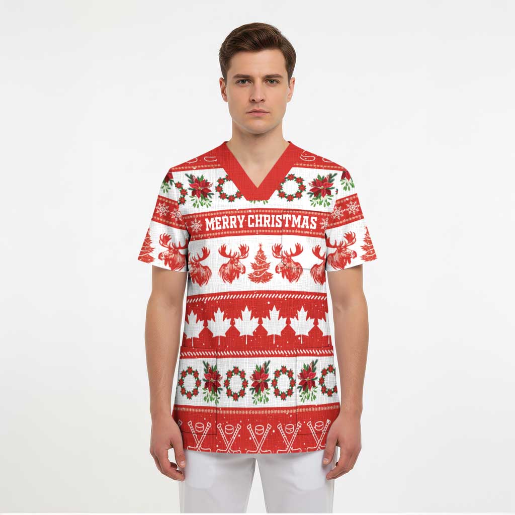 Personalised Canada Christmas Scrub Top Canadian Moose Maple Leaf Seamless Style - Wonder Print Shop