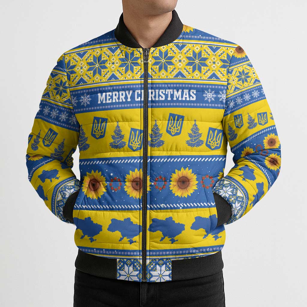 Personalised Ukraine Christmas Bomber Puffer Jacket Tryzub With Map Folk Pattern - Wonder Print Shop