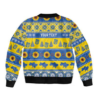 Personalised Ukraine Christmas Sleeve Zip Bomber Jacket Tryzub With Map Folk Pattern - Wonder Print Shop