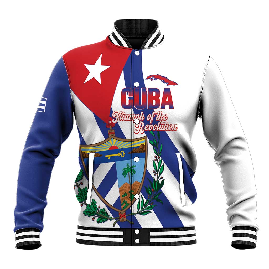 Unisex baseball jacket with snap front, striped rib trim, Cuba flag graphic, multicolor