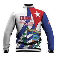 Unisex baseball jacket, back view with striped rib hem and cuffs, Cuba text graphic, multicolor