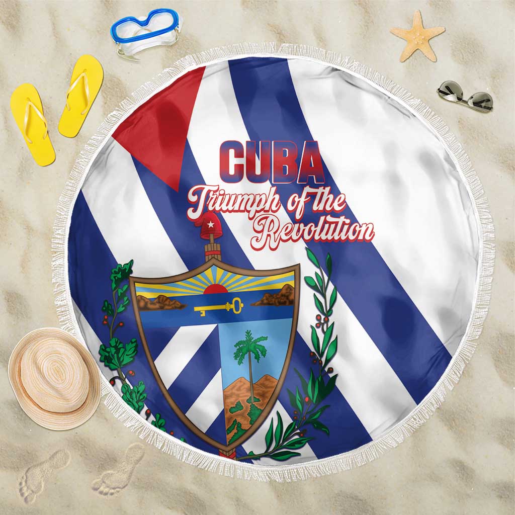 Round white beach blanket with Cuba flag stripes, shield crest, and tassel fringe