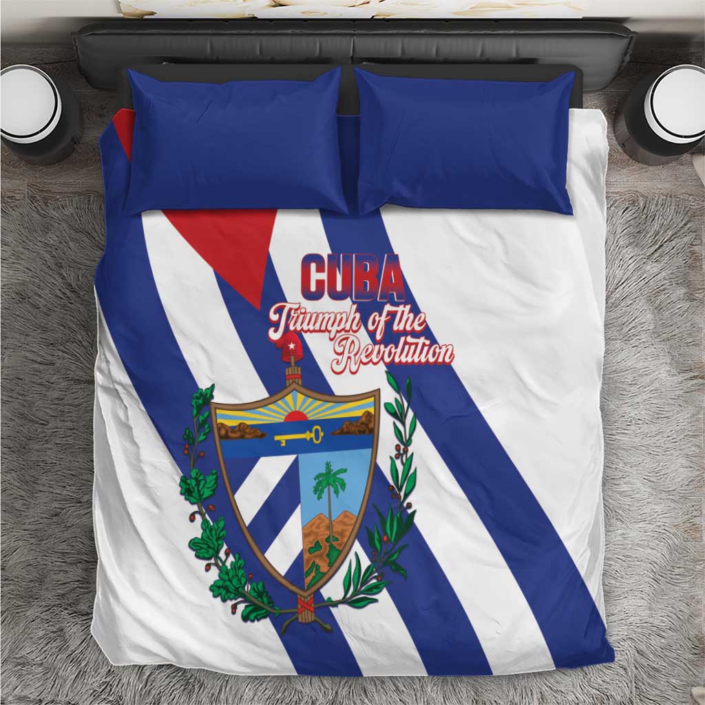 Cuba-themed bedding set with blue, red, and white diagonal stripes and crest center design