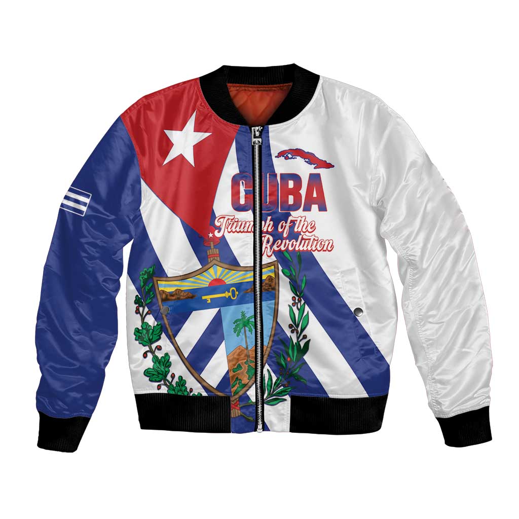Unisex white bomber jacket with front zipper and Cuba flag graphic, ribbed cuffs