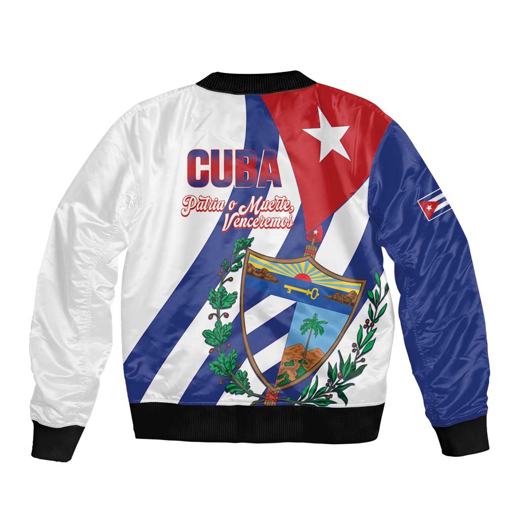 Unisex white bomber jacket with back Cuba flag graphic, ribbed hem and cuffs