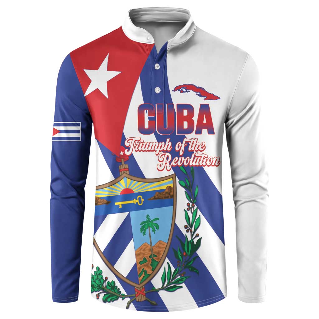 Tri-color Cuba graphic button sweatshirt with long sleeves and front button placket