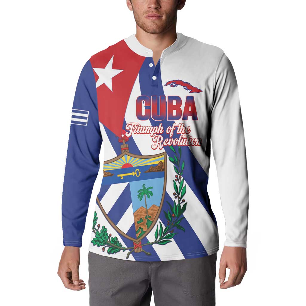 Cuba graphic button sweatshirt, front view with Cuba text and illustrated shield