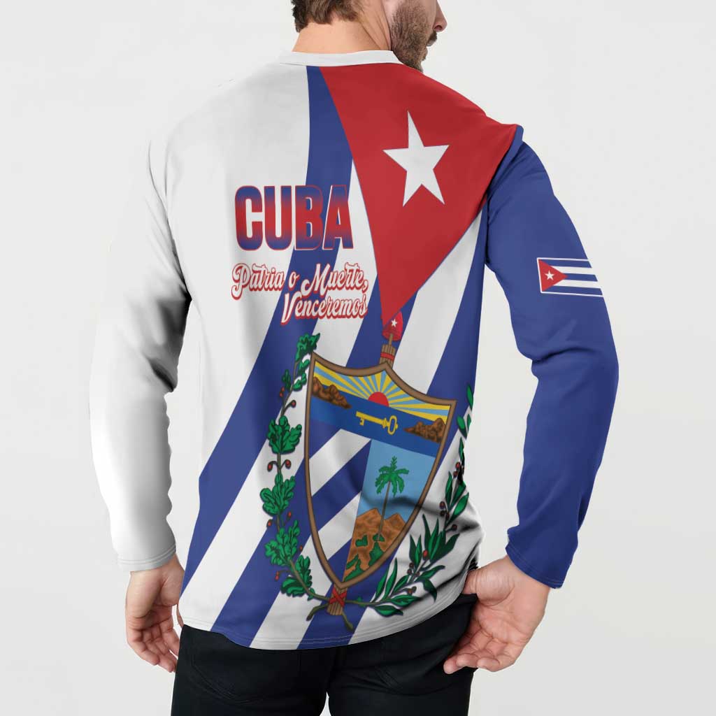 Cuba graphic button sweatshirt, back view with Patria o Muerte text and star