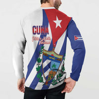 Cuba graphic button sweatshirt, back view with Patria o Muerte text and star