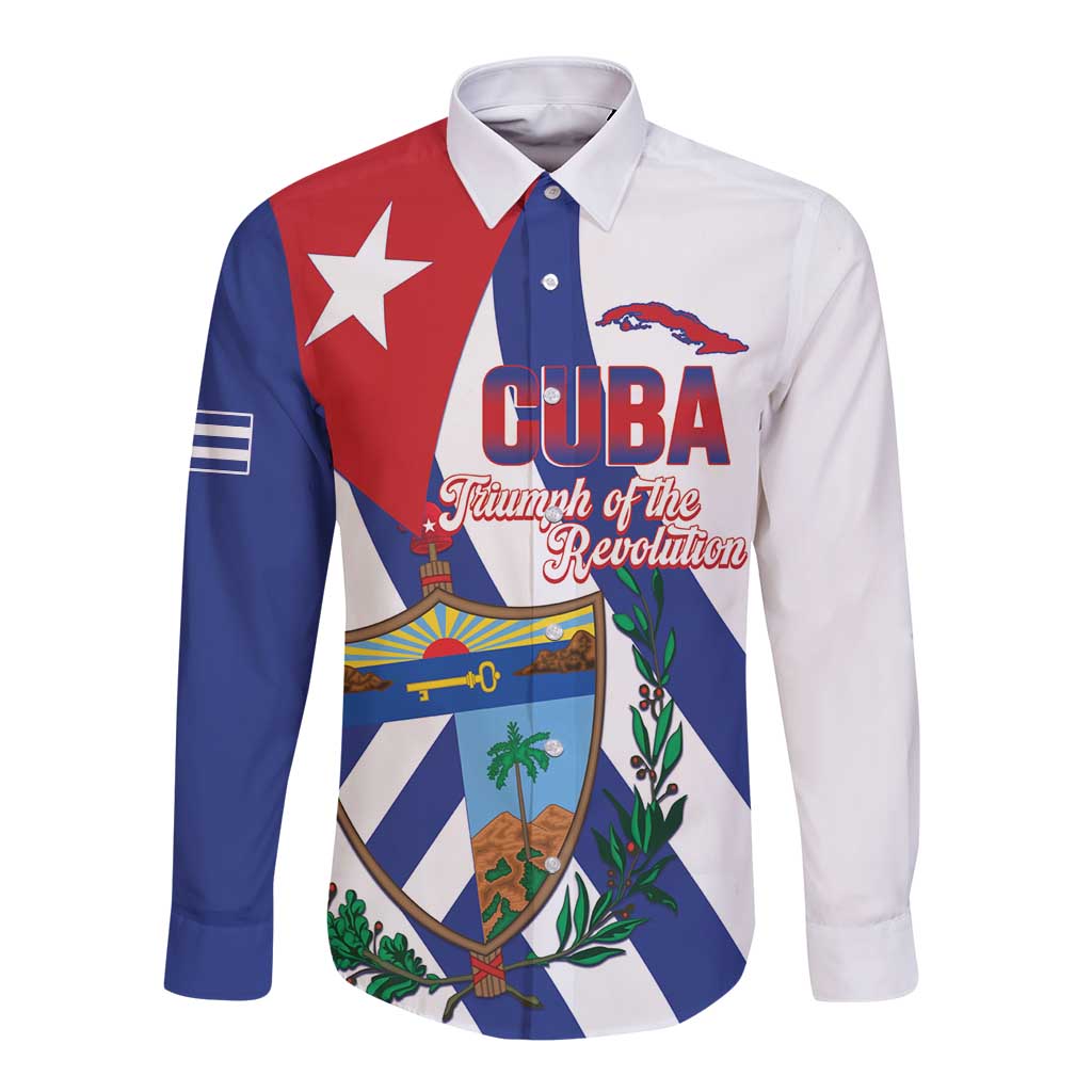 White long sleeve button shirt with Cuba flag-style print and crest graphic