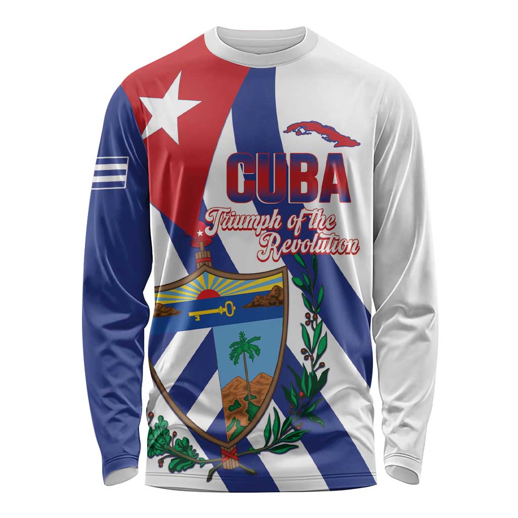 Unisex long-sleeve crewneck shirt with Cuba flag shield graphic in blue and red