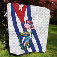 White Cuba flag quilt blanket with red star, blue stripes, and central shield crest
