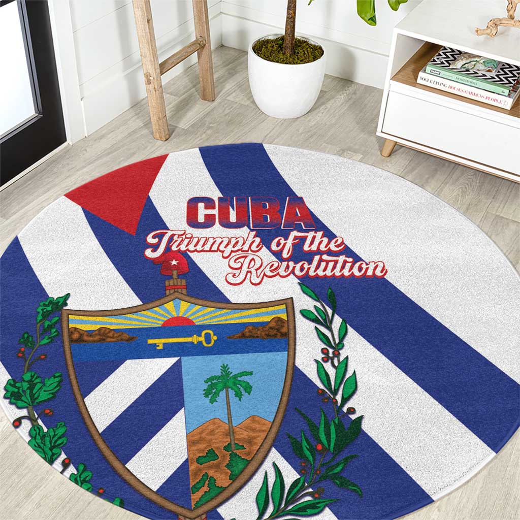 Round carpet with Cuba shield crest, “CUBA” text, and blue-red-white striped design