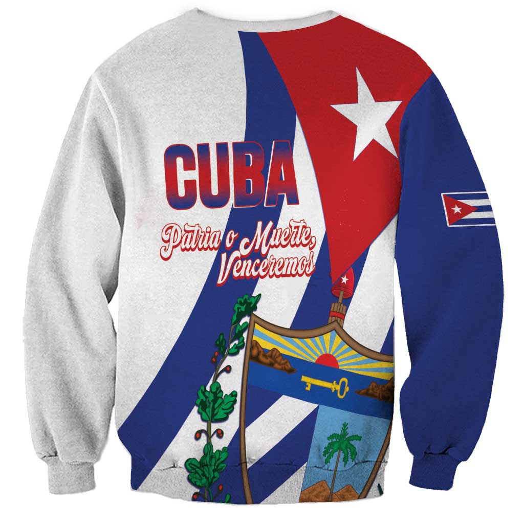 Light gray unisex sweatshirt with Cuba graphic, red star, and 'Cuba Patria o Muerte' text