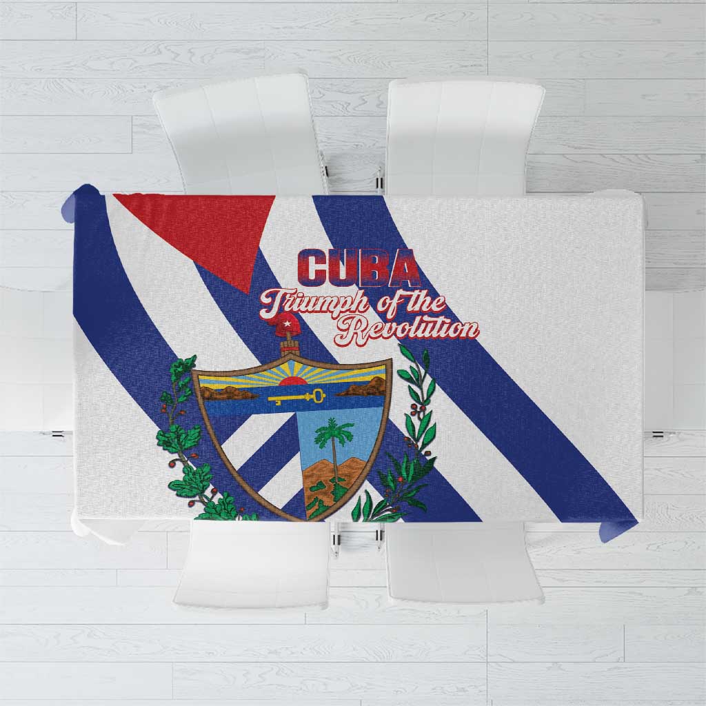 White tablecloth with blue-and-red graphic and Cuba Triumph of the Revolution print