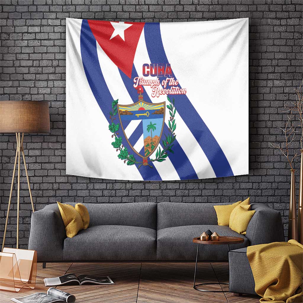 White Cuba flag tapestry with red star, diagonal blue stripes, coat of arms and text