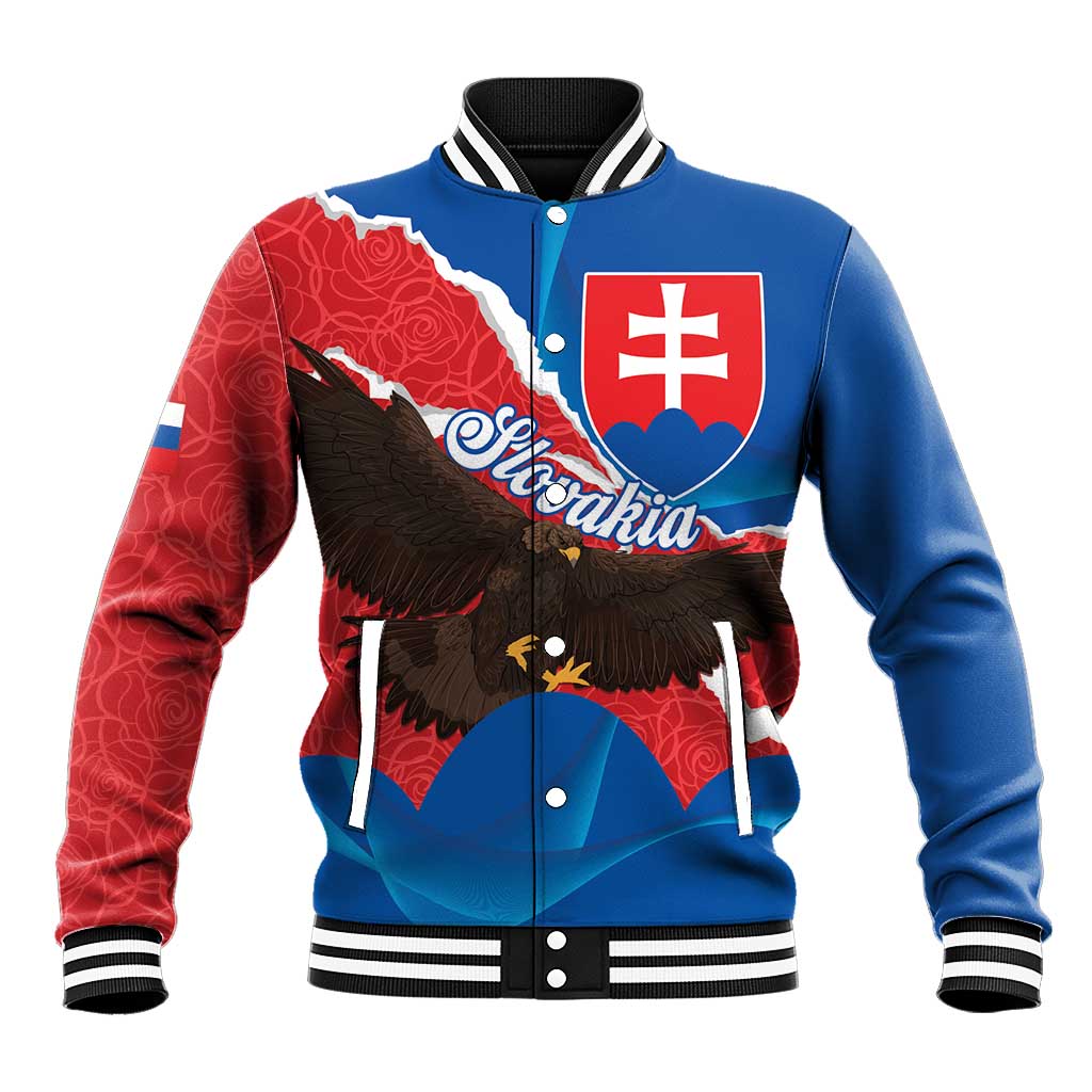 Blue and red baseball jacket with striped ribbed collar, button front, eagle patch graphic