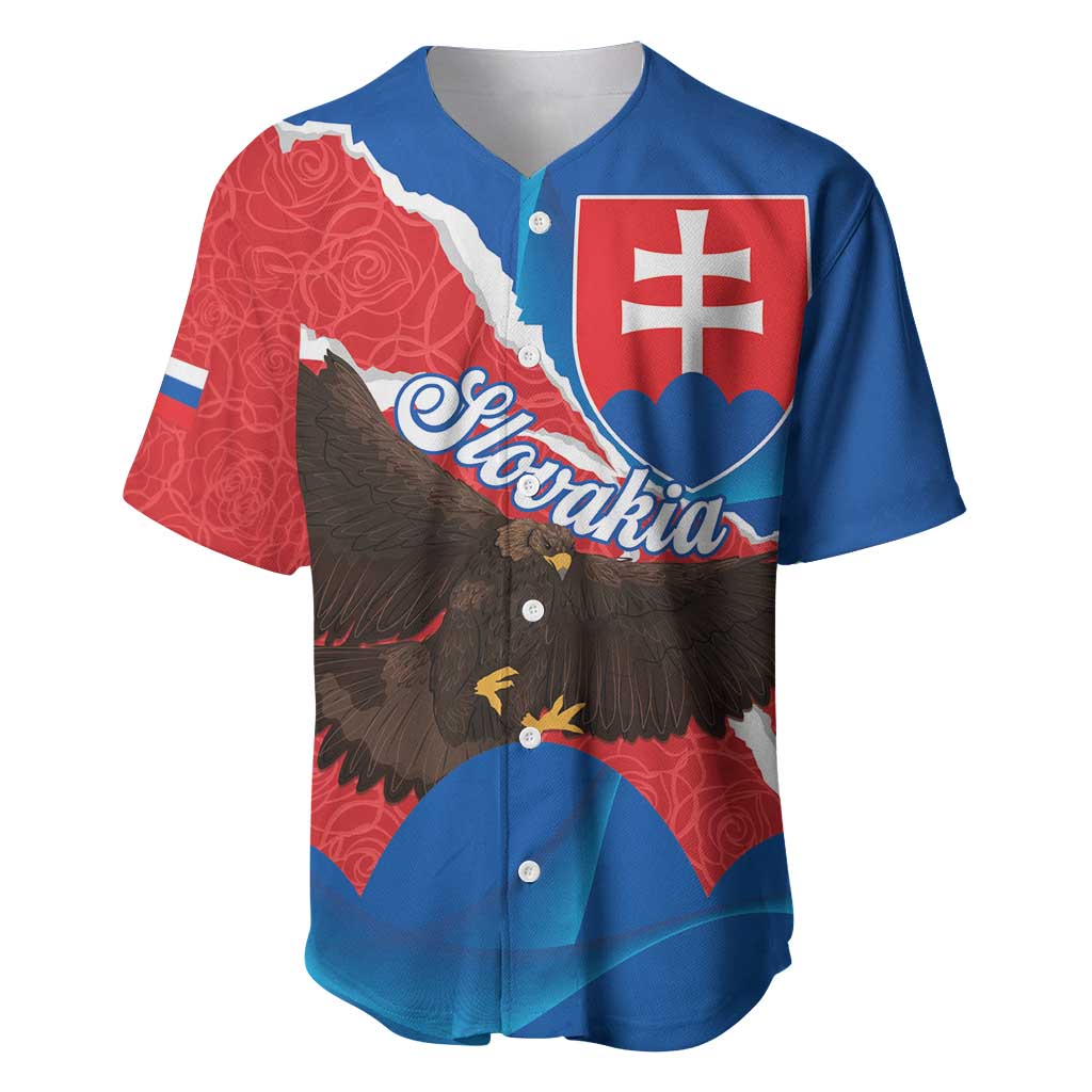 Blue baseball jersey with eagle graphic, Slovak crest, red accents, short sleeves.