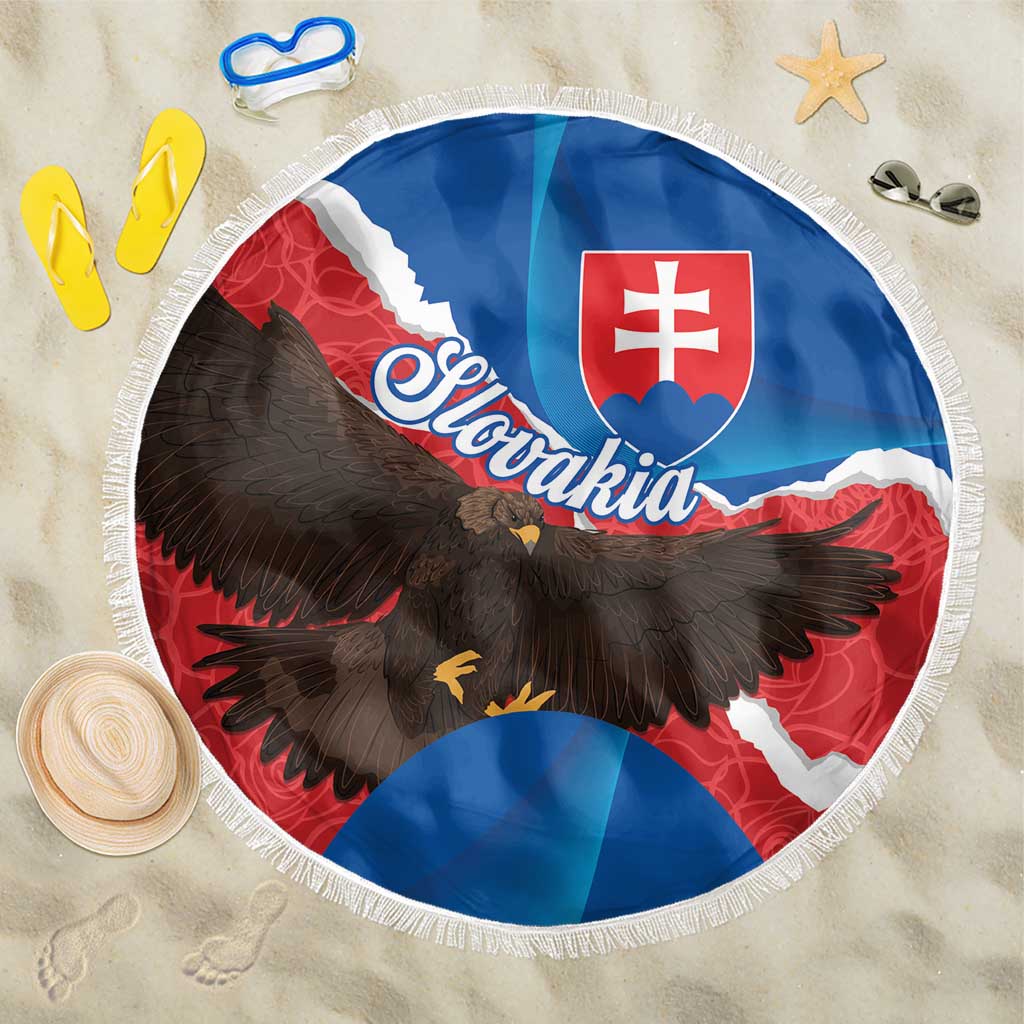 150cm round beach blanket with Slovak eagle and blue-red flag graphic, white fringe edge