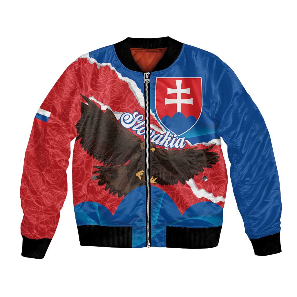Unisex bomber jacket with blue and red panels, front zipper, black eagle graphic