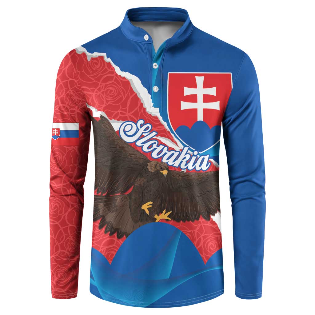 Blue and red long-sleeve henley sweatshirt with button placket and eagle graphic