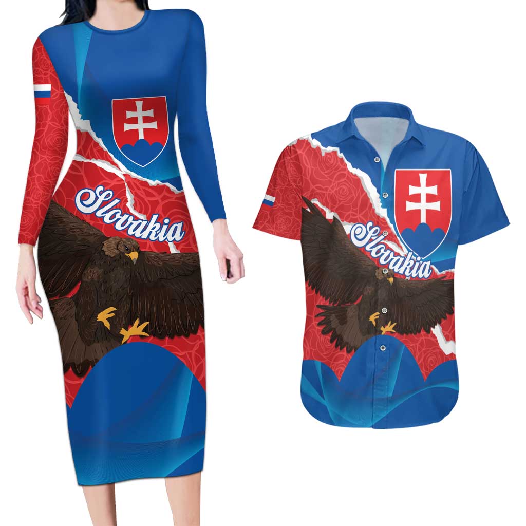 Slovakia Restoration Day Couples Matching Long Sleeve Bodycon Dress and Hawaiian Shirt Happy 1st Of January - Slovak Golden Eagle - Wonder Print Shop